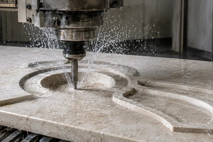 دستگاه CNC سنگ در حال ماشین‌کاری و فرآوری دقیق قطعه سنگی در کارگاه